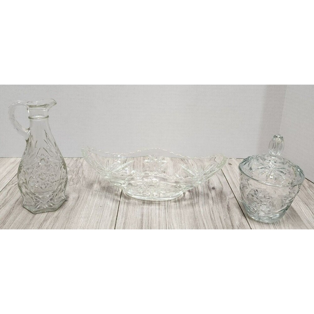 Vintage Anchor Hocking Clear Glass Sugar Bowl with Lid, Oil and Relish Dish
